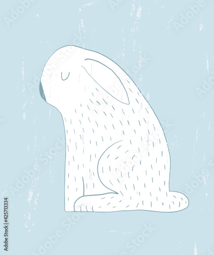Simple Abstract Grunge Print with Funny Bunny. Cute Nursery Vector Art ideal for Card, Wall Art, Baby Girl Room Decoration. White Hand Drawn Rabbit Isolated on a Light Blue Background.
