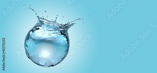 Water sphere with droplets and splash on blue background