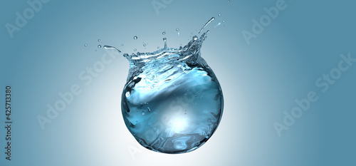 Water sphere with droplets and splash on blue background