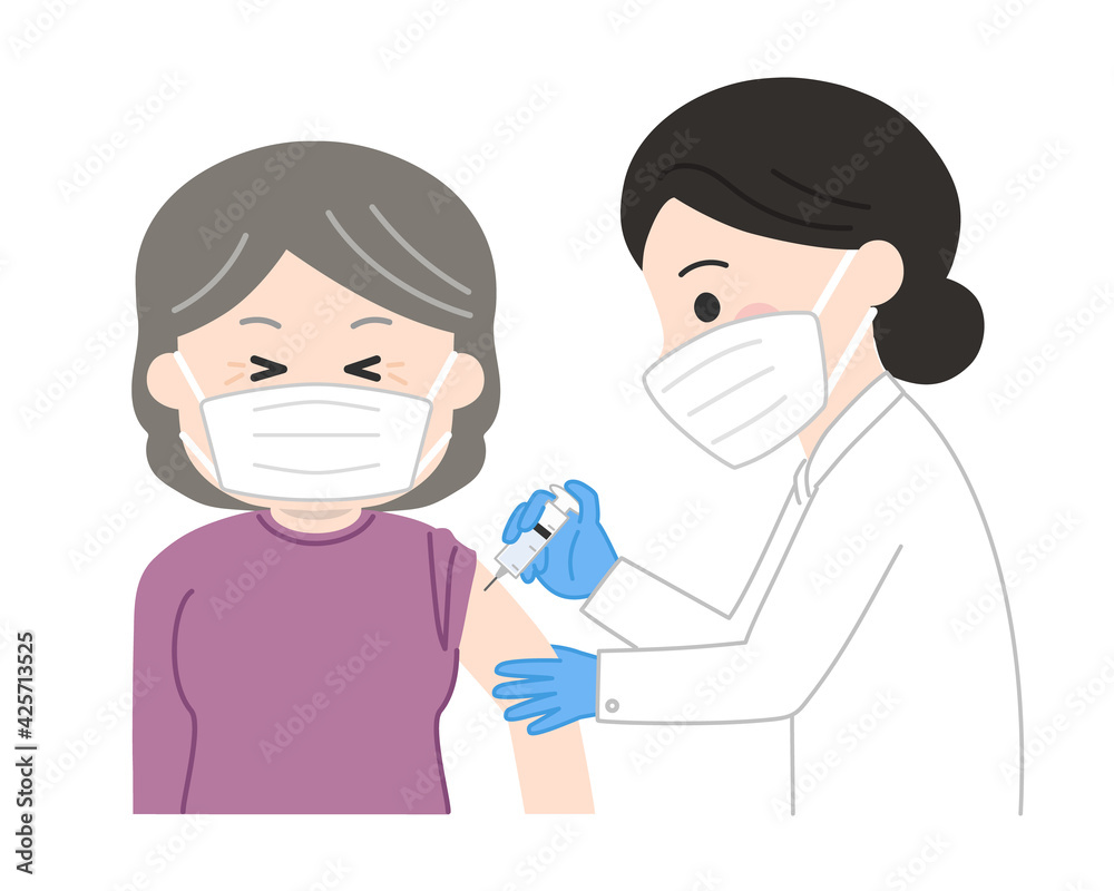 The elderly woman with a medical face mask feels a slight pinch receiving a vaccination. Vector illustration isolated on white background. The elderly woman with a medical face mask feels a slight pinch receiving a vaccination. Vector illustration isolated on white background.