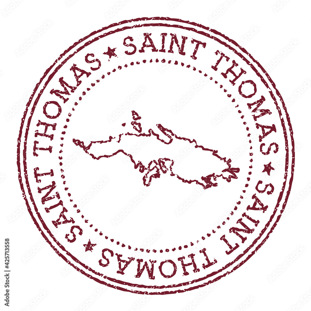 Saint Thomas round rubber stamp with island map. Vintage red passport