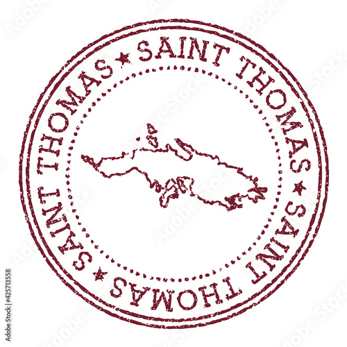 Saint Thomas round rubber stamp with island map. Vintage red passport stamp with circular text and stars, vector illustration.