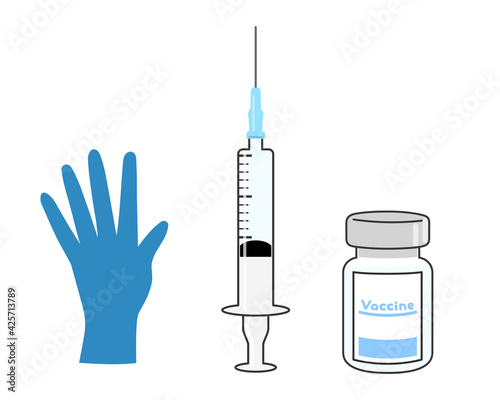 Medical tools for vaccination. Glass vial, syringe with a needle, and a surgical glove. Vector illustration isolated on white background.