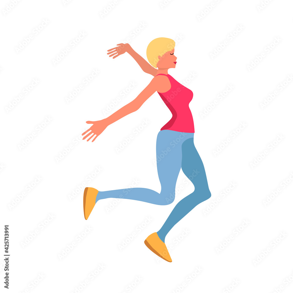 Blond woman with short hair, flat style isolated on white background, runs and is happy .