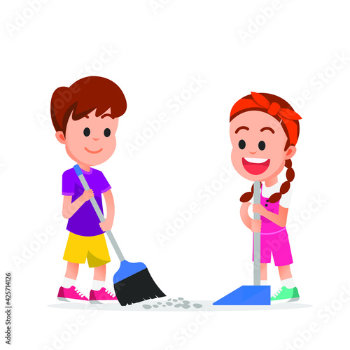 Happy boy and girl clean the floor from dust