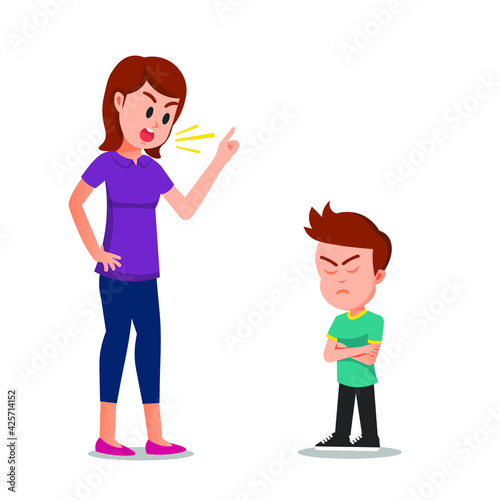 A boy puts on an annoyed face because his mother scolded him