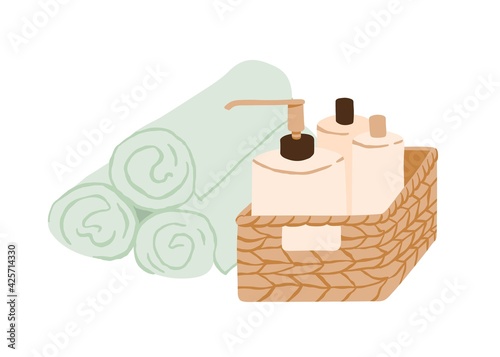 Wicker basket of beauty cosmetic products and pile of rolled towels isolated on white background. Straw box with bottles of cosmetics for skincare and body treatment. Colored flat vector illustration