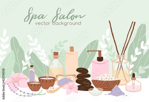 Spa, wellness and beauty salon background. Promotion template design with flowers, leaves, cosmetic bottles and packagings. Flat vector illustration of banner with organic cosmetics and plants