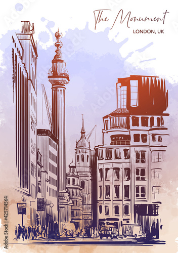 The Monument to the Great London Fire 1666. City sketch isolated on a grunge watercolor textured background. A4 vertical format. EPS10 vector illustration