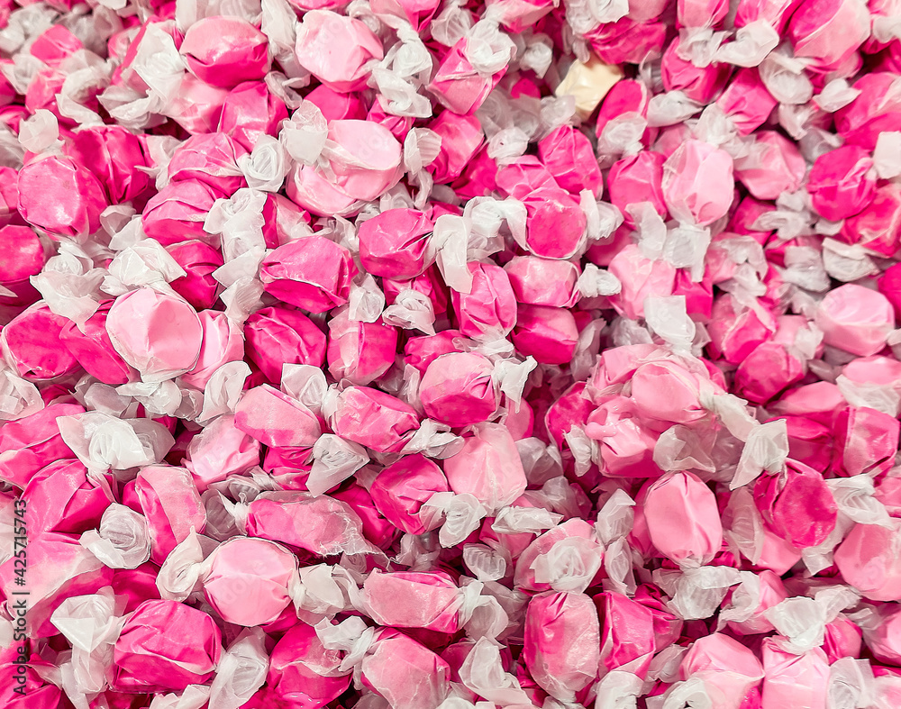 Bunch of Pink Saltwater Taffy Candy in Confectioner Shop