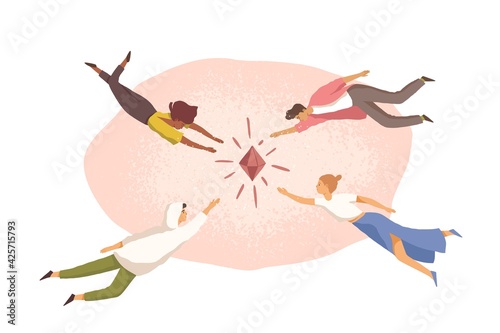 People aspiring and trying to achieve common goal  reach target and catch their fortune. Concept of aim aspiration. Flat vector illustration of characters striving for diamond isolated on white