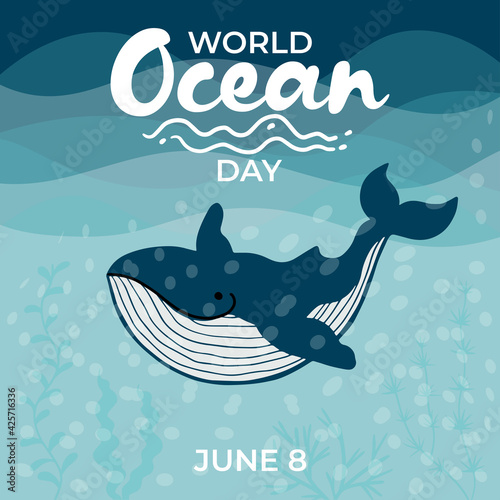 World Oceans Day Card, banner. Vector illustration with Cute whale in simple, flat style