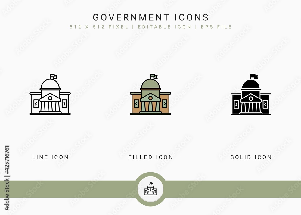 Obraz premium Government icons set vector illustration with solid icon line style. Politics public election concept. Editable stroke icon on isolated background for web design, user interface, and mobile app