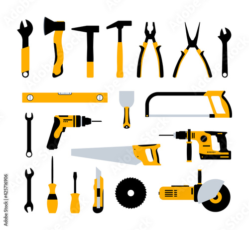 Construction tools hammer repair carpentry background. Electric home tool screwdriver toolkit collection
