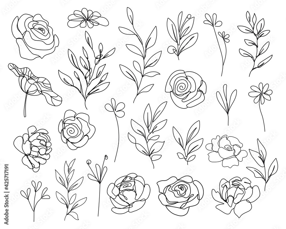 Continuous Line Drawing Set Of Flowers, Leaves, Plants Black Sketch ...