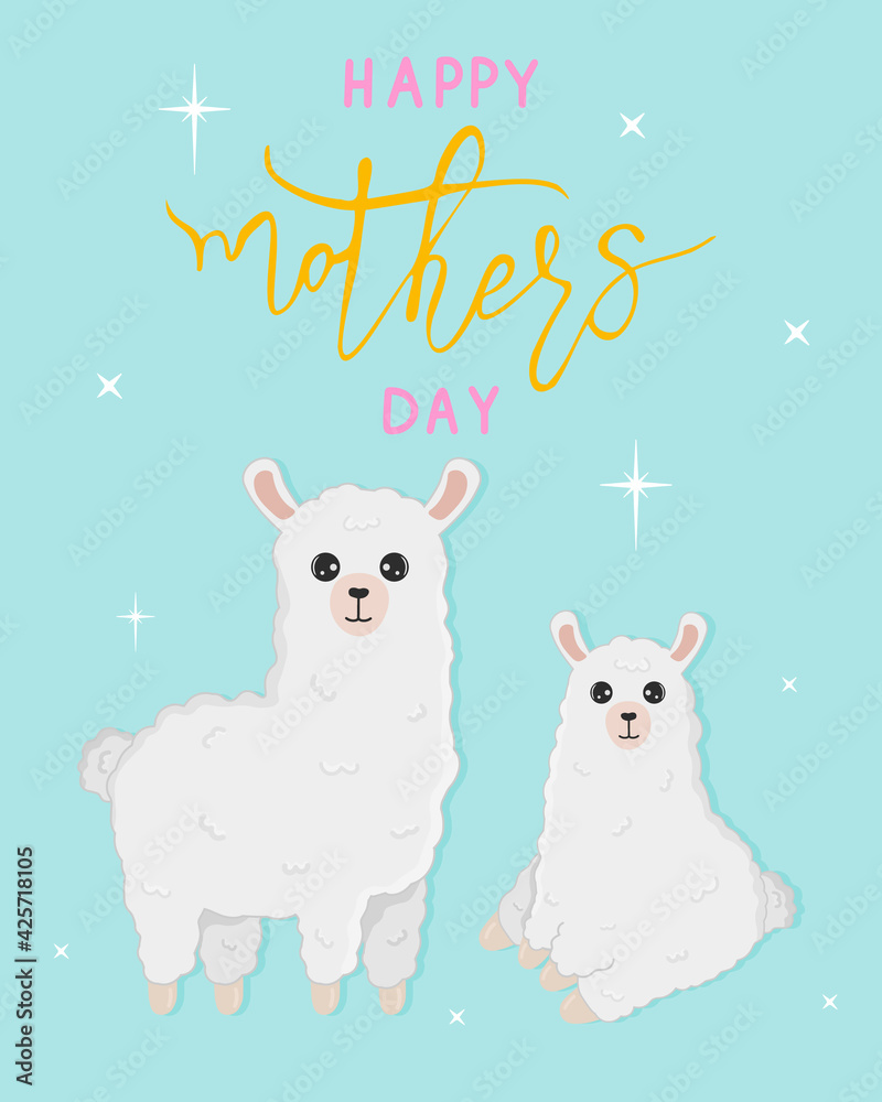 Fototapeta premium Vector cartoon card. Happy mother's day with llama family on blue background. Cute alpaca