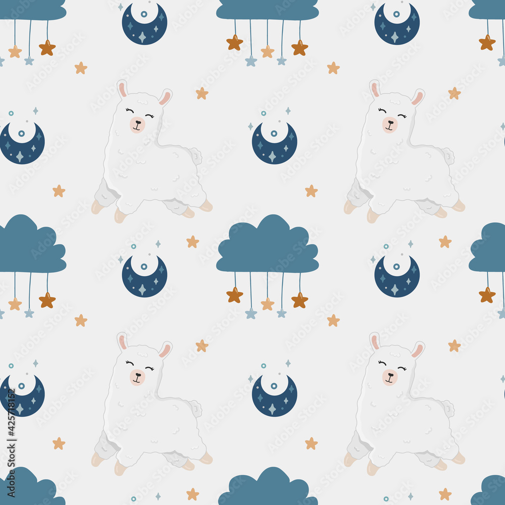 Fototapeta premium Seamless vector pattern with alpaca, stars, and moon. Trendy baby texture for fabric, wallpaper, apparel, wrapping.