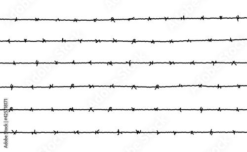 Barbed wire vector fence barbwire border chain. Prison line war barb background metal silhouette