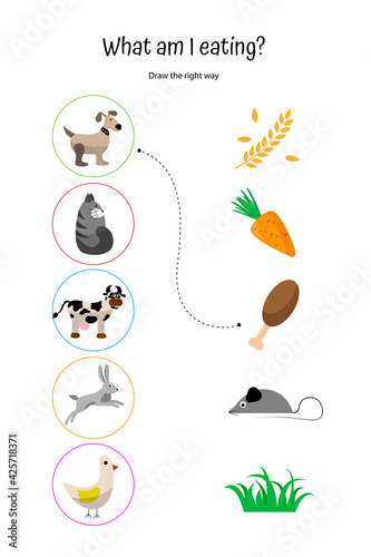 Animals and food. What do farm animals eat. Worksheet for preschoolers. cow  dog  cat  chicken  rabbit