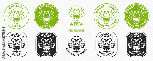 Concept for product packaging. Labeling - cruelty free and ethical product. Animal footprint icon with test drop and wings - symbol of freedom to test on animals. Vector set.