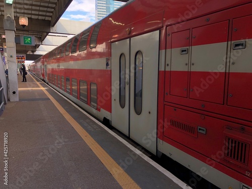 Red double-decked train in Israel