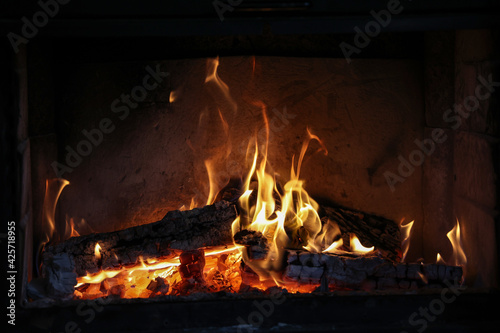 Fényképezés Close up of a burning fireplace at home