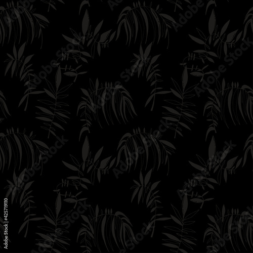 Seamless exotic flora foliage, tropical plants stain and line contemporary pattern in retro style, nature background.