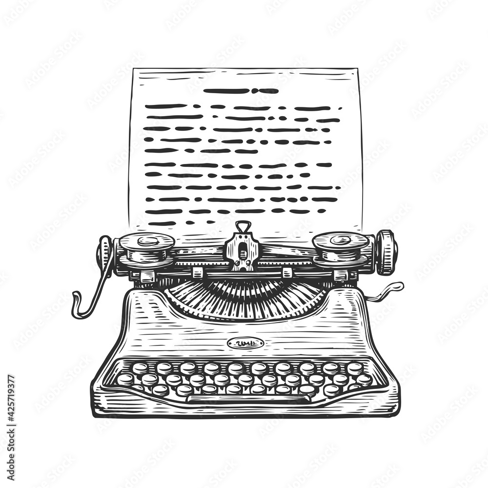 Sketch retro Typewriter. Hand drawn vintage vector illustration in engraving style