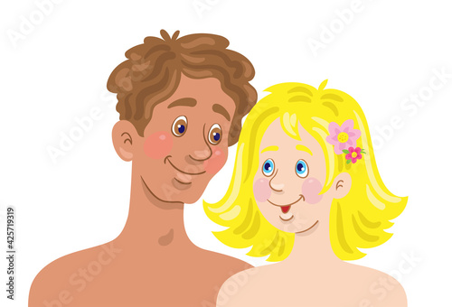 Portrait of a young happy couple of man and woman with different skin and hair color. In cartoon style. Isolated on white background. Vector flat illustration