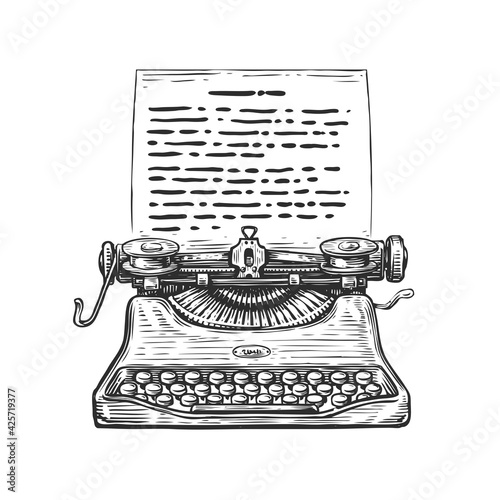 Sketch retro Typewriter. Hand drawn vintage vector illustration in engraving style