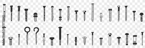 Nails and screws doodle set. Collection of hand drawn nails and screws of various shapes and sizes for repairing isolated on transparent background