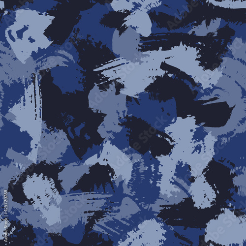 Grunge brush strokes  camouflage, modern fashion design. Paint camo military pattern. Army uniform. Blue sea shade color, fashionable, fabric. Vector seamless texture.