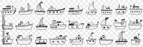 Boats ships assortment doodle set. Collection of hand drawn various styles of ships water transport for sailing on sea ocean recreation or industry isolated on transparent background illustration 