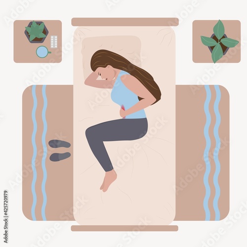 The woman lies with a stomach ache. Menstrual pain, pain in diseases of the abrasive cavity organs. Vector illustration in a flat style.