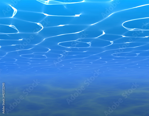 Underwater sea ocean water background. Vector aquarium underwater deep surface rays