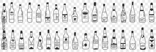 Bottles for alcohol doodle set. Collection of hand drawn various shapes and forms of glass bottle for keeping wine and liquids isolated on transparent background