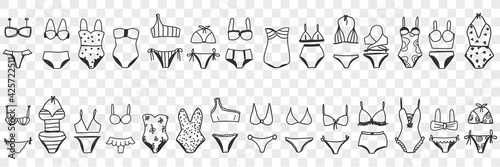 Female bikini swimwear doodle set. Collection of hand drawn elegant casual beachwear bikini swimsuits for wearing on beach for women fashion isolated on transparent background