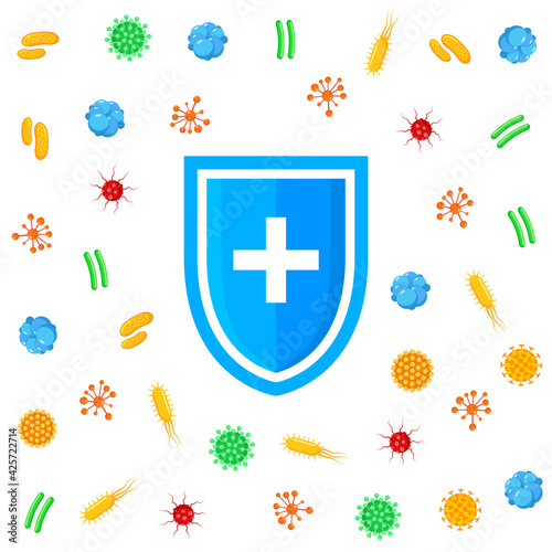 Immune bacteria system sign. Antibacterial virus sign. Immune protection antiseptic, anti desease immune icon