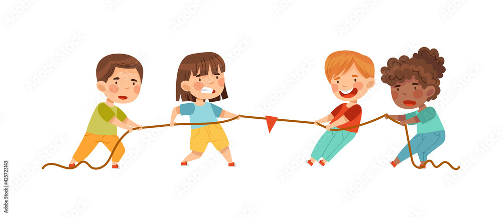 Little Boy and Girl Playing Tug of War or Rope Pulling Testing Strength ...