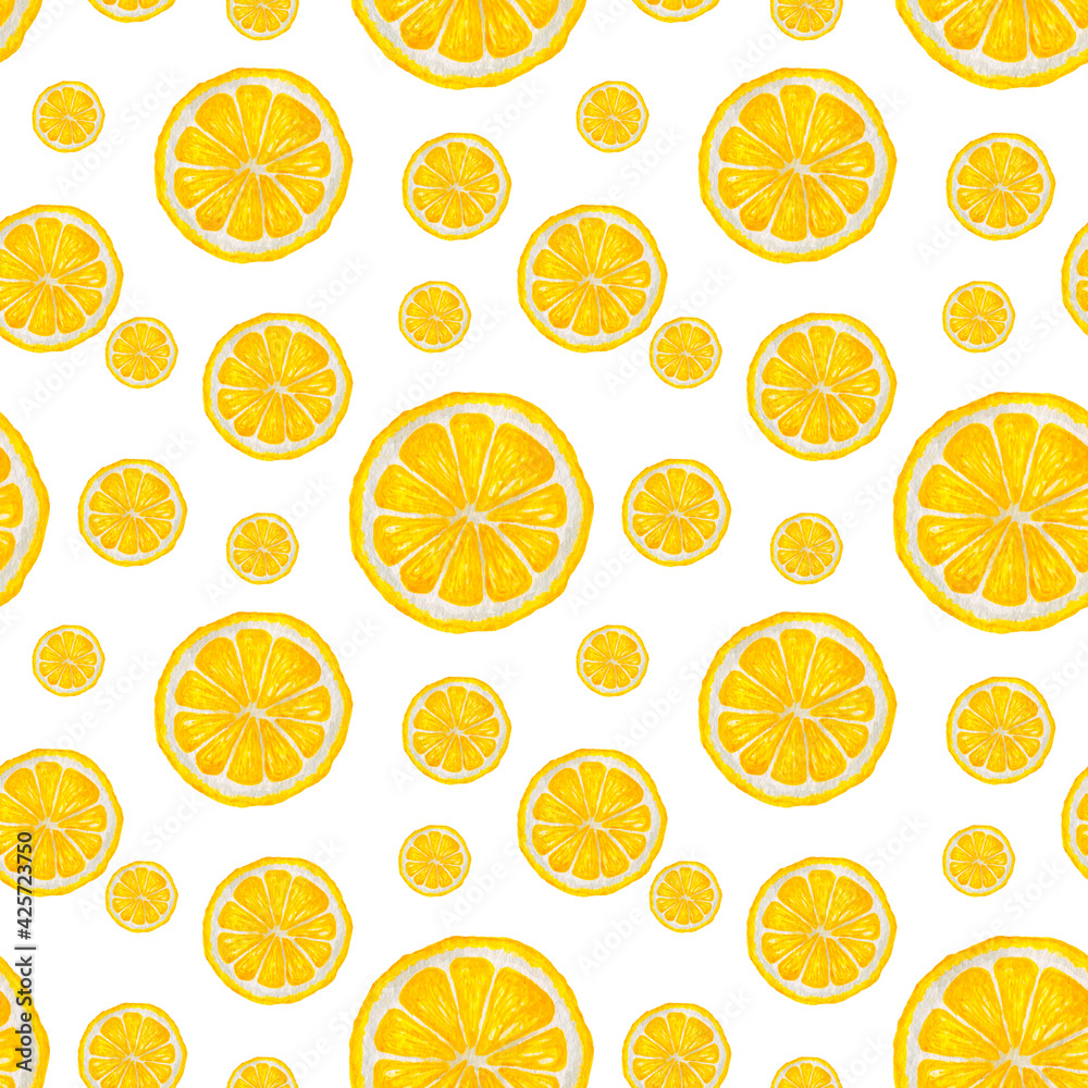 Lemon fruit slice watercolor seamless pattern. Lemon summer hand drawn background. Kitchen pattern. 