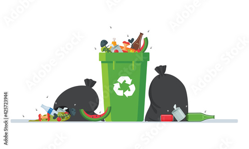 Dirty garbage around the trashcan vector isolated, Flies flying around the rubbish. Filthy view.