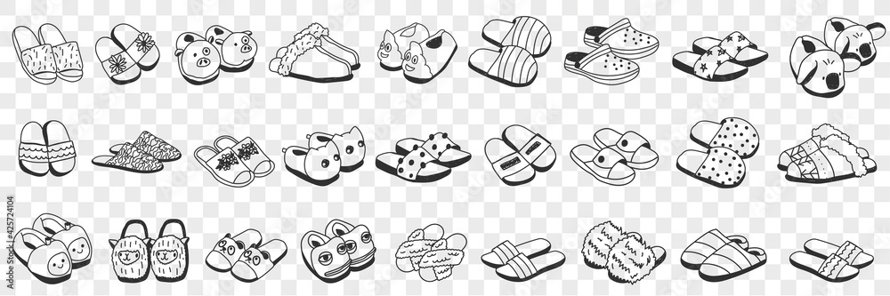Slippers accessories for home doodle set. Collection of hand drawn various styles of slippers footwear for wearing at home on beach isolated on transparent background vector illustration  - obrazy, fototapety, plakaty 