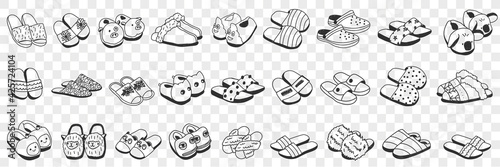 Slippers accessories for home doodle set. Collection of hand drawn various styles of slippers footwear for wearing at home on beach isolated on transparent background vector illustration  photo
