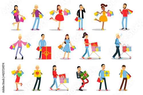 Man and Woman Characters Carrying Bright Shopping Bags Vector Illustration Set