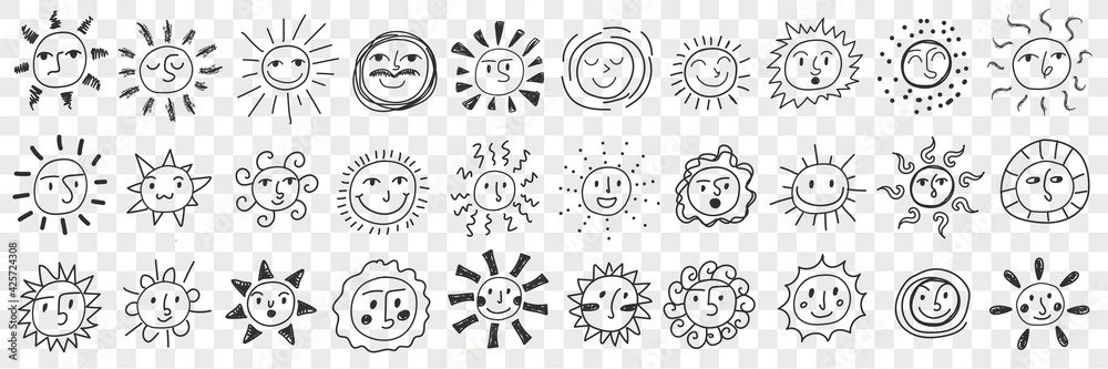 Smiling suns assortment doodle set. Collection of hand drawn various styles of positive happy smiling sun planets for children books isolated on transparent background vector illustration 