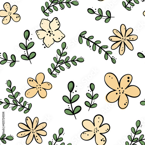Seamless background with leaves and flowers. Hand-drawn floral pattern. Spring background for design  vector.