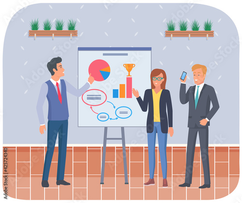 Businessman makes presentation to colleagues. Office workers characters discussing indicators