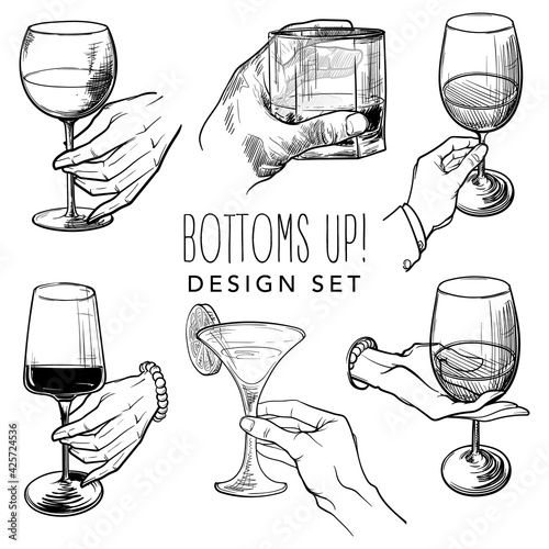 Drinking etiquette. Human hands holding glasses with different drink types. Black linear sketch isolated on white background. EPS10 vector illustration