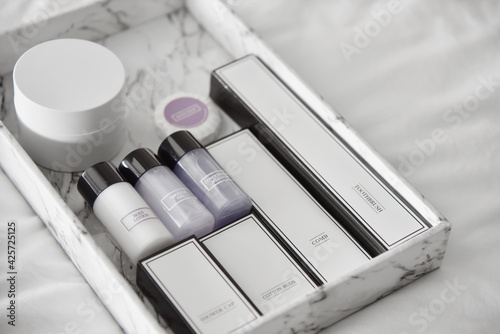 Bathroom amenities set for hotel service, cosmetic products