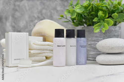 Bathroom amenities set for hotel service, cosmetic products